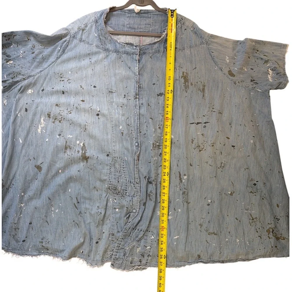 Magnolia Pearl Sanforized Star Denim Shirt Dress Oversized Paint Splatter OSFM - Picture 9 of 10